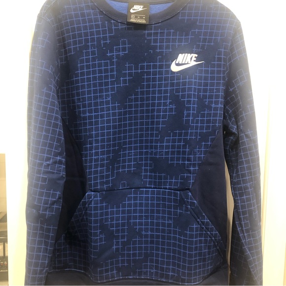 Nike hoodie blue navy grid pattern sweatshirt with thumb holes and front pocket - Picture 4 of 6